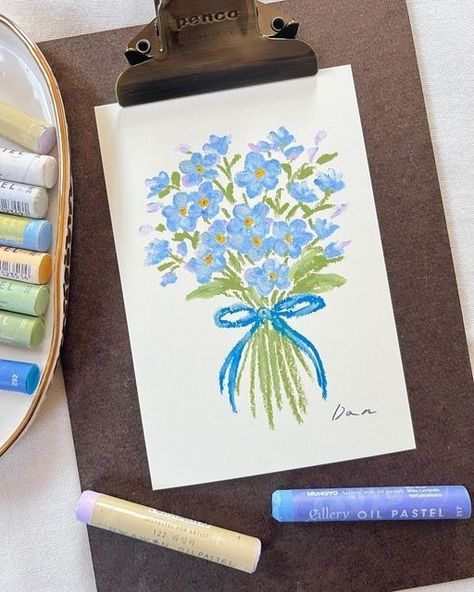 Drawing Ideas Of Flowers, Drawing Flowers Instagram, Crayon Flowers Drawing, Flowers Pastel Drawing, Marker Art Flowers, Flower Pastel Drawing, Postcard Art Ideas, Drawings With Crayons, Blue Drawing Ideas