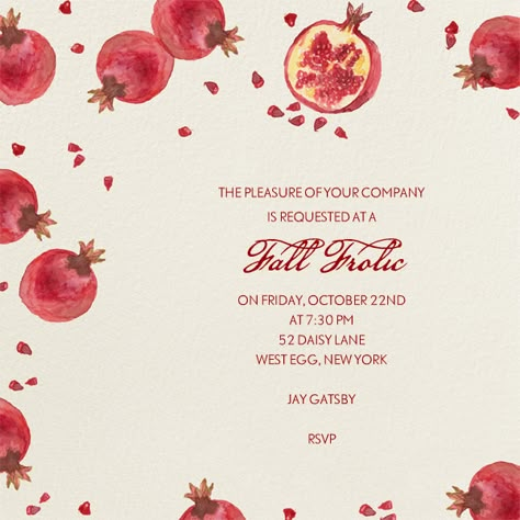 "Watercolor Pomegranate" Invitation, Paperless Post Pomegranate Theme Party, Pomegranate Theme, Pomegranate Invitation, Pomegranate Illustration Design, Pomogranette Illustration, Pomegranate Vector Illustrations, Pomegranate Wedding, Botanical Illustration Pomegranate, Holiday Cookie Gift