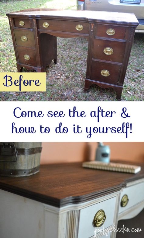 Two Toned Chalk Paint Vintage Desk Redo - Poofy Cheeks Chalk Paint Desk, Paint Desk, Desk Redo, Painted Desk, Chalk Paint Projects, Desk Makeover, Diy Desk, Chalk Paint Furniture, Refurbished Furniture