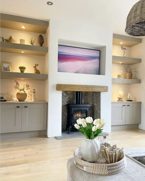 Wood Burner And Tv Wall, Log Burner Extension, Log Burner Fireplace Ideas Living Rooms, Log Burners Ideas, Living Room Media Wall With Fire, Tv Wall With Log Burner, Log Burner Media Wall Ideas, Log Burner In Media Wall, Tv Stand Next To Fireplace Ideas