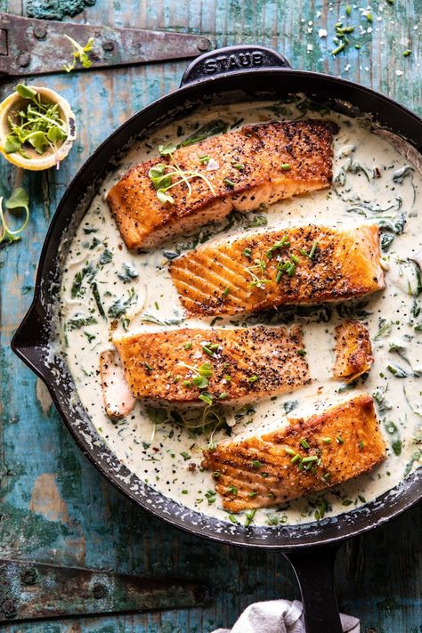 Garlic Butter Creamed Spinach Salmon | halfbakedharvest.com #salmon #easyrecipes #seafood #dinner Newlywed Recipes, Spinach Salmon, Harvest Garlic, Creamy Salmon, Half Baked Harvest Recipes, Garlic Butter Salmon, Butter Salmon, Healthy Salmon, Harvest Recipes