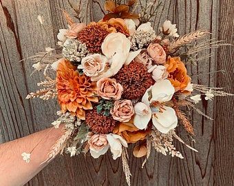 Terracotta Bouquet, Hydrangea Bridal Bouquet, Fall Wedding Bridesmaids, Wood Flower Bouquet, Fall Bouquet, Flower Girl Bouquet, Boho Wedding Bouquet, Bridal Bouquet Fall, Silk Wedding Bouquets