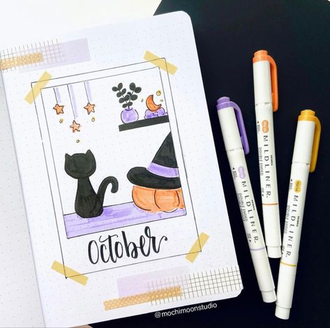 Christmas Bujo Cover, October Journaling Ideas, October Diary Ideas, Journal Halloween Ideas, Calendar Journal Ideas Layout, October Reading Journal, October Journal Ideas Aesthetic, October Bulletin Journal Ideas, October Bujo Ideas