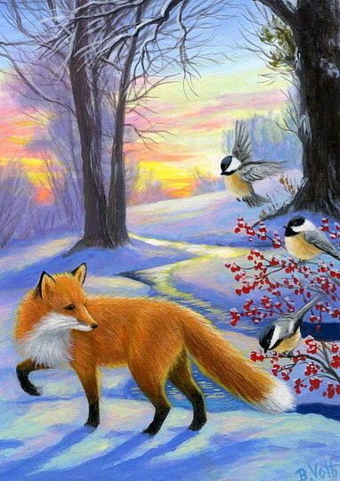 Winter Fox Painting, Farm Animal Paintings, Snow Landscape, Chickadee Bird, Winter Illustration, Fox Illustration, Winter Images, Chickadees, Pet Fox