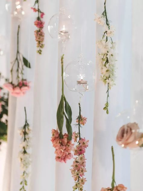 Hanging Faux Flowers From Ceiling, Flower Decor For Birthday, Flowers Falling From Ceiling, Hanging Floral Wedding Backdrop, Strung Flowers Backdrop, Flowers Hanging Over Table, Flowers Hanging Upside Down, Hanging Roses Decor, Diy Floral Ceiling Hanging Flowers