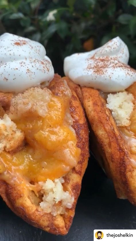 Peach cobbler taco with cinnamon roll shell in 2022 | Breakfast recipes casserole, Breakfast dishes, Summer desserts Peach Cobbler Tacos, Desserts Cobbler, Baking Recipes Desserts, Lemon Dessert Recipes, Recipes Yummy, Easy Eat, Peach Cobbler Recipe, Peach Recipe, Easy Baking Recipes Desserts