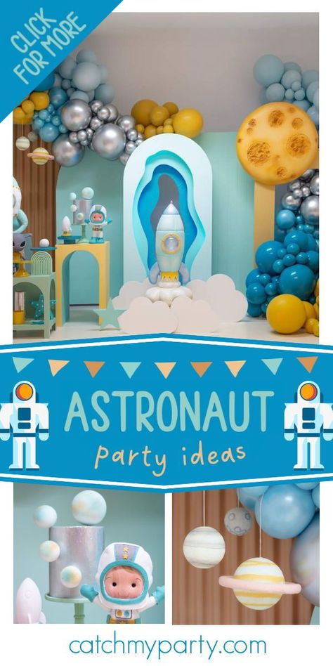 Take a look at this fun astronaut-themed birthday party! The dessert table is incredible! See more party ideas and share yours at CatchMyParty.com Astronaut Birthday Party, Birthday Astronaut, Astronaut Party, Party Table Decor, Astronaut Birthday, Outer Space Party, Yard Wedding, Party Trends, Birthday Star