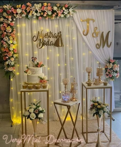 Nikah Decorations, Simple Nikah, Wedding Cake Backdrop, White And Gold Wedding Cake, My First Vlog, Simple Stage Decorations, Simple Birthday Decorations, Wedding Planning Decor, Wedding Cake Table