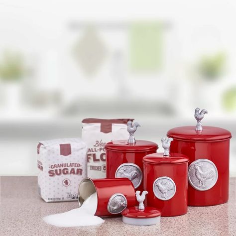 August Grove® Rooster 4 Piece Kitchen Canister Set & Reviews | Wayfair Decorative Kitchen Canisters, Kitchen Theme Ideas, 3 Piece Kitchen Canister Set, Country Style Decorating, Stainless Steel Canister Set, Retro Kitchen Ideas, Rooster Canisters, Rooster Kitchen Decor, Coffee Trailer