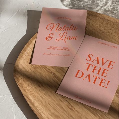 Modern Colorful Bright Funky Bold Retro Wedding    Save The Date Save The Date Colourful, Orange Save The Date, Alice Aesthetic, Funky Minimalist, Safe The Date, Save The Date Modern, Retro Invitation, Digital Save The Date, Retro Wedding Invitations