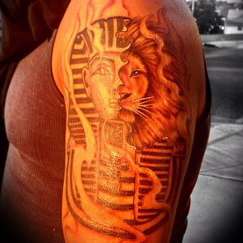 Half Pharaoh/ Half Lion Representing My Life Motto.... "Live Like A King, React Like An Animal"  •Pharoah - Represents my demeanor, my physical being... My aspirations as a man, & the way I look at myself...  •Lion- Represents my mentality, my internal being.  My reactions to my desires, my reaction to threats & my reaction to my ambitions...  The lion is ripping out of the Pharoah because regardless of my constant attempts to contain it, my aggressive side is always being displayed. Pharaoh Tattoo Men, Pharoah Egyptian, Egyptian Lion, Hieroglyphics Tattoo, Lion Tattoo Images, Pharaoh Tattoo, Ancient Lion, Bastet Tattoo, Lioness Tattoo Design