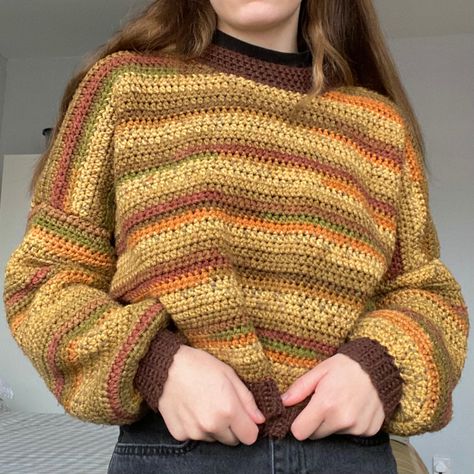 Stripped Crochet Patterns, Fall Sweater Colors, Crochet Grampa Sweater, Crochet Sweater Fall Colors, Autumn Crochet Outfit, Crochet Yellow Sweater, Stripped Sweater Crochet, Autumn Crochet Jumper, Autumn Cardigan Crochet