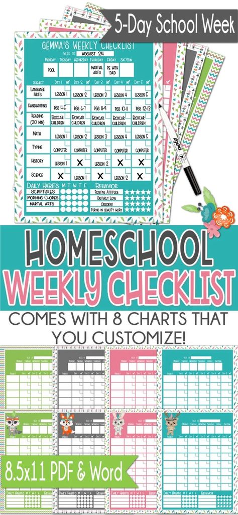 5 Day Homeschool Weekly Checklist Editable Homeschool - Etsy | Printable Planner by  Frances Mullen Homeschool Student Checklist, Homeschool Room Ideas At Home, Diy Homeschool Room, Minimalist Homeschool Room, Small Space Homeschool Room, Home School Organization, Homeschool Essentials, Homeschool Checklist, Homemaking Binder