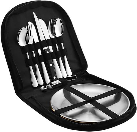 issdem Metal Camping Utensil Set, Camping Silverware Set for 2, Reusable Travel Cutlery Set with Case Include Knife Fork Spoon Dish and Beer Cap Opener 10PCS Set Camping Cutlery, Camping Utensils, Electric Toaster, Mess Kit, Spoon Knife, Eating Utensils, Camping Cookware, Kitchen Accessories Decor, Kitchen Timers