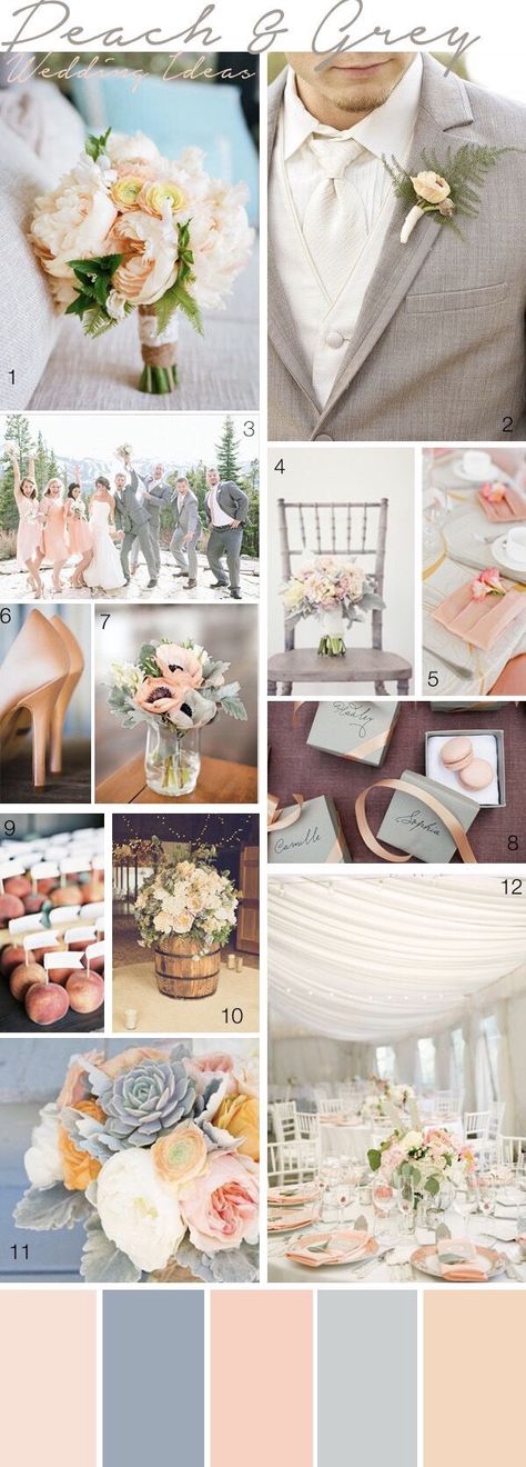 Bridal Party Color Schemes, Peach Color Schemes, Choosing Wedding Colors, Wedding Color Schemes Summer, Wedding Color Schemes Spring, Bridal Parties Colors, Grey Suits, Wedding Themes Spring, Best Wedding Colors