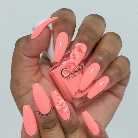 Nails By: Tracy Coral Pink Nails, Shiny Nails Designs, Coral Nails, Light Pink Nails, Long Acrylic Nails Coffin, Best Nail Art Designs, Summer Acrylic Nails, Pink Nail, Pink Acrylic Nails