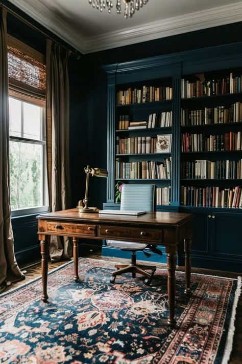 27+ Moody Office Ideas to Transform Your Workspace into a Stylish Den Moody Library Office, Navy Blue Study, Navy Blue Library, Moody Library Room, Vintage Office Ideas, Moody Office Ideas, Library Walls, Navy Blue Office, Green Study