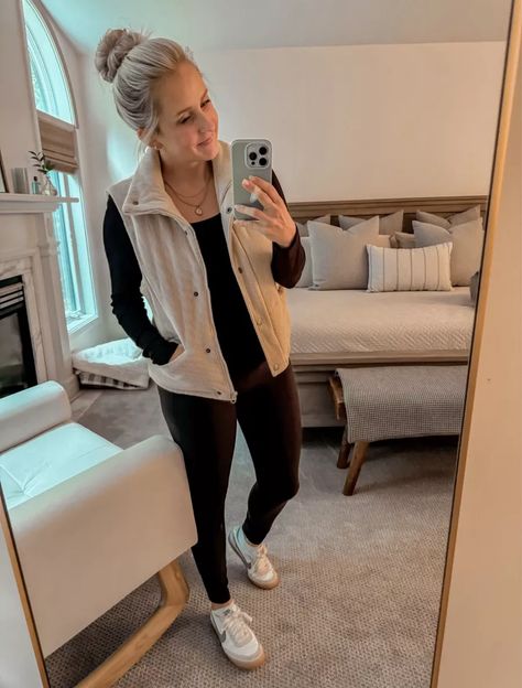 Obsessed with this corduroy puffer vest from Amazon! 😍 I’m wearing it with Lululemon inspired leggings & Nike Killshot 2 sneakers. Casual outfit inspo, fall fashion, come stay awhile, Amanda Vernaci. Follow comestayawhile for authentic, achievable DIY home projects from a self taught mom. Comestayawhile posts neutral home decor inspo, cute casual fashion finds, simplified beauty products, relatable parenting, humor, lifestyle, gift guide catalogs, and more. Nike Kill Shot 2, Killshot 2 Outfit, Nike Killshot 2 Outfit, Neutral Modern Farmhouse, Corduroy Puffer, Trendy Mom Outfits, Corduroy Vest, Mom Working, Sneakers Trendy