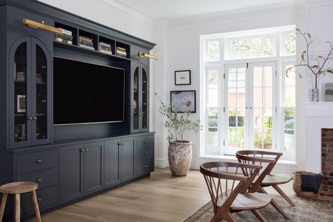 Industry Spotlight | Q&A with Maureen Ursino — Scout & Nimble Built In Media Storage Wall, Navy Blue Entertainment Center, Cozy Entertainment Center, Master Tv Wall Ideas, Built In Bookshelf With Tv, Wall Entertainment Center Built In, Bookshelf Tv Wall, Tv Built In Wall Unit, Built In Media Wall