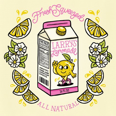 illustrated carton of lemonade with vintage inspired packaging hand lettering, typography, juice box, juice carton, lemon character vintage Juice Box Reference, Juice Box Illustration, Lemonade Packaging, Juice Cartoon, Lemon Character, Juice Illustration, Lemon Illustration, Drawings Inspo, Hand Lettering Typography