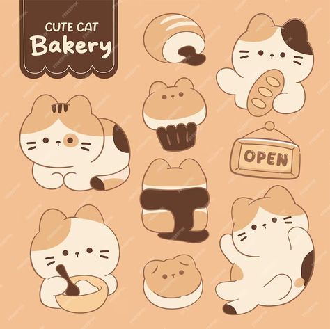 Cat Bakery, Cute Bakery, Cat Cupcakes, Coffee Painting, Cat Cafe, Cat Character, Sticker Collection, Food Art, Premium Vector