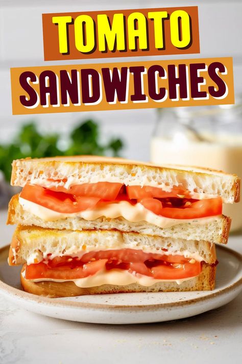 Get back to basics with these classic tomato sandwiches! The combo of sliced tomatoes, mayo, lemon, garlic, and fresh basil is so light and refreshing. Tomato Sandwiches, Tomato Tomato, Mayo Sandwich, Sliced Tomatoes, Tomato Sandwich, Summer Tomato, Piece Of Bread, Sliced Tomato, Ripe Tomatoes