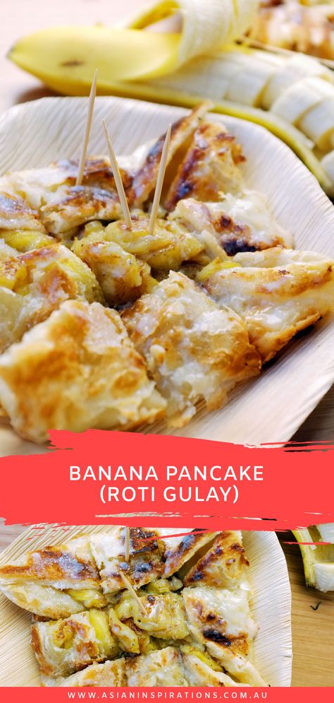 Roti is known to make delicious meals with all sort of curries, but have you had it as a sweet pastry? Discover the banana roti, popular in the streets of Thailand - irresistible parcels of warm banana wrapped in roti and drizzled with condensed milk and a sprinkling of sugar. #bananroti #bananapancake #rotigulay #thaistreetfood #asianstreetfood #thaidessert #asiandessert #bananapancalerecipe #rotigulayrecipe #asiansweetpastry #asianpastry Cale Recipe, Banana Roti, Coconut Sweet Recipes, Sabbath Meals, Roti Canai, Asian Dessert, Banana Pancake, Sweet Pastry, Easy Potato Recipes