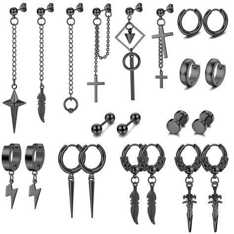 PRICES MAY VARY. 🗡22 PCS MEN’S EARRINGS🗡-- Contains Hoop Earrings, Hoop Dangle Earrings, Stud Earrings And Stud Earrings With Chain. This Set Of Unisex Earrings Are Equipped With Novel Crosses, Feathers, Lightning, Swords, Dumbbells, Chains And Other Fashionable Elements. It Is A Trendy Accessory You Can’t Miss. 🌌CROSS DANGLE EARRINGS SIZE🌌--These Hoop Dangle Earrings Come In Different Sizes, Hoop Earrings Bar 18 Gauge=1.0mm, Stud Earrings Bar Guage:0.8mm(20g). And Other Size Details Have Be Cool Earrings For Guys, Nails Pendant, Kpop Earrings, Unisex Earrings, Earrings For Men, Stainless Steel Hinges, Small Earrings Studs, Hanging Earrings, Black Earrings