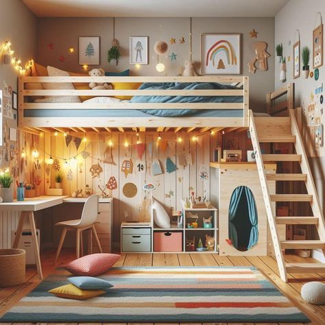 Lit mezzanine enfant : de la hauteur pour une chambre spacieuse et organisée ! - NuageDeco Mezzanine Playroom, Kids Loft Beds For Small Rooms, High Bed Small Room, Built In Loft Bed, Loft Bedroom Kids, Loft Bed Ideas For Small Rooms, Loft Beds For Kids, Small Kids Bedroom, Mezzanine Bed