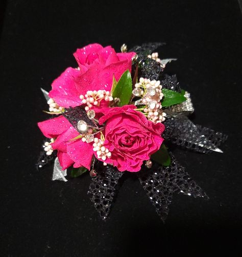 Hot Pink And Black Corsage Prom, Hot Pink And Black Corsage, Hot Pink Corsage And Boutonniere, Pink And Black Corsage, Hot Pink Corsage, Prom Corsage Pink, Prom Flowers Bouquet, Hoco 2023, Corsage Pink