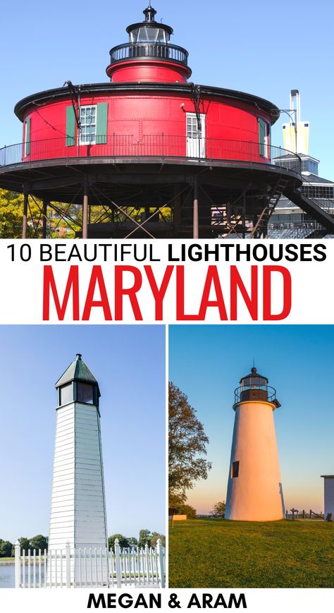 Are you looking for some of the prettiest lighthouses in Maryland to visit on your trip? This guide details Maryland lighthouses - historic ones and new ones! | Places to visit in Maryland | MD lighthouses | Chesapeake Bay lighthouses | Lighthouses in Baltimore | Lighthouses on the East Coast | East Coast lighthouses | Lighthouses in MD Maryland Lighthouses, Places To Visit In Maryland, East Coast Lighthouses, Maryland Travel, Cottage Remodel, Eastern Shore Maryland, Lighthouse Pictures, Lighthouse Painting, New England Travel