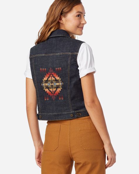 WOMEN'S EMBROIDERED DENIM VEST | Pendleton Jean Jacket Design, Womens Denim Vest, Pendleton Jacket, Vest Outfits, Embroidered Denim, Jacket Design, Dark Wash Denim, Beautiful Embroidery, Wool Blazer