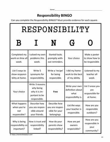 Responsibility Worksheet, Responsibility Lessons, Behavior Bingo, Teaching Responsibility, School Counseling Activities, Social Skills Lessons, Social Emotional Activities, Values Education, Counseling Activities