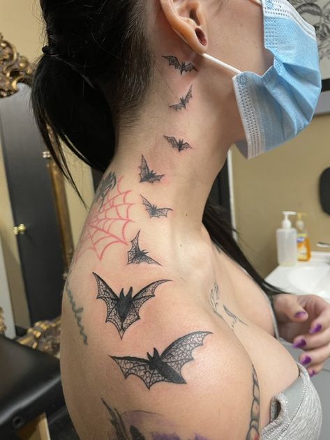 Widows Peak Tattoo, Halloween Stomach Tattoo, Darker Tattoos For Women, Alt Arm Tattoos, Eyeball With Wings Tattoo, Goth Face Tattoo, Gothic Shoulder Tattoo, Middle Neck Tattoo, Goth Arm Tattoo