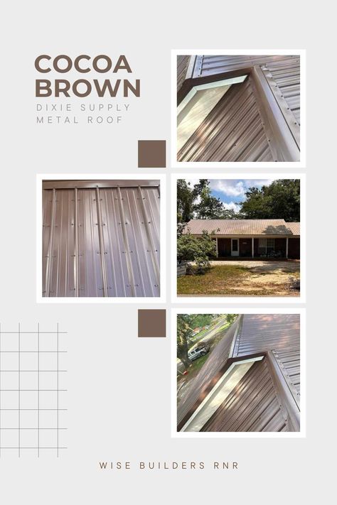 Dixie Supply Metal Roof in the color Cocoa Brown. Showcased on a home with white siding and accessories.🏡 Brown Metal Roof, Brown Roof, White Siding, Cocoa Brown, Cabin Living, House Paint Exterior, Metal Roof, Exterior Paint, House Painting