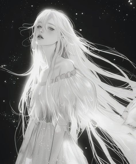 White Hair Goddess Art, White Haired Girl Art, White Hair Woman Art, White Hair Girl Art, White Hair Character Design Female, White Hair Art, White Hair Oc, Angelic Hair, Long White Hair