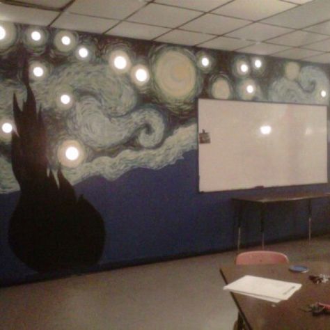 classroom mural of "Starry Night" Starry Night Classroom Theme, Facs Classroom, Starlit Night, School Library Displays, Night School, Preschool Projects, Class Decor, Classroom Signs, Early Learning Centre