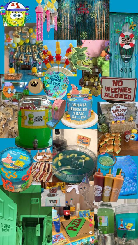 SpongeBob Birthday Party ideas Sweet 16 Spongebob, 23 Themed Birthday, Spongebob 25th Birthday Party, Squidward Birthday, Spongebob Theme Party, Housewarming Party Themes, Birthday Spongebob, Spongebob Birthday Party Decorations, Sponge Bob Party