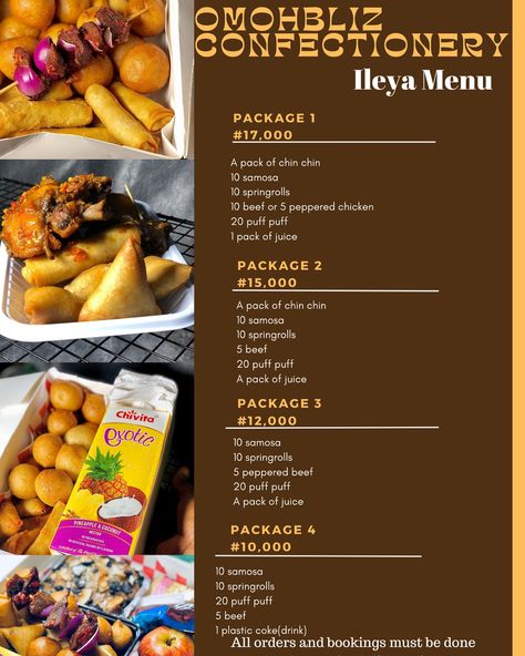 We have other packages you can choose from👇🏽👇🏽 1 samosa 1 springroll 3 puff puff 1 beef #1000 1 samosa 1 springroll 3 puff puff 1 chicken #1400 2 samosa 2 springrolls 5 puff puff 1 beef 1 chicken #2500 5 samosa 5 springrolls 10 puff puff 5 beef #8000 4liters chin chin #12000 2 liters chinchin #6000 1 liter chin chin #3000 500ml chin chin #1500 #smallchopsinabuja #ileya #smallchopsabuja #abujasmallchops #abujasmallchopsvendor Small Chops Package Ideas, Chinchin Packaging Ideas, Chin Chin Packaging Ideas, Curry Puff Illustration, Nigerian Puff Puff, Malaysian Curry Puffs, Beef Curry Puff Recipe, Curry Puff Recipe, Coke Drink