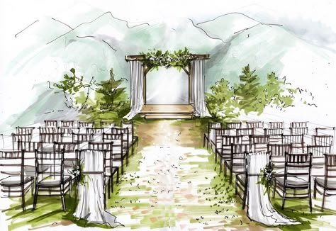 Memorable Event Sketch Design Services Wedding Decor Illustration, Wedding Drawings, Riverfront Wedding, Landscape Sketching, Wedding Sketch, Floral Watercolor Background, Wedding Table Setup, Wedding Procession, Digital Wedding Invitations Templates