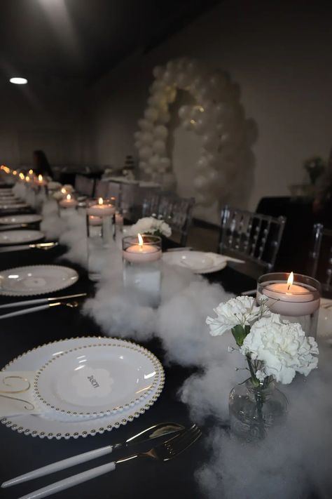 All White Birthday Party Aesthetic, All White Party Inspiration, A Night In The Clouds Theme, Cloud 9 Bridal Shower Centerpieces, Cloud Bday Theme, Sweet 16 Cloud Theme, Cloud Engagement Party, On Cloud Nine Wedding Shower Theme, On Cloud Nine Table Decor