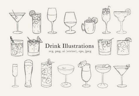 A set of colorful cocktail illustrations, perfect for bringing energy and style to bar and restaurant menus. Cocktail Glasses Drawing, Moscow Mule Tattoo, Old Fashioned Cocktail Drawing, Moscow Mule Drawing, Old Fashioned Drink Tattoo, Cocktail Drawing Simple, Cocktail Glass Drawing, Cute Drink Drawings, Mule Drawing