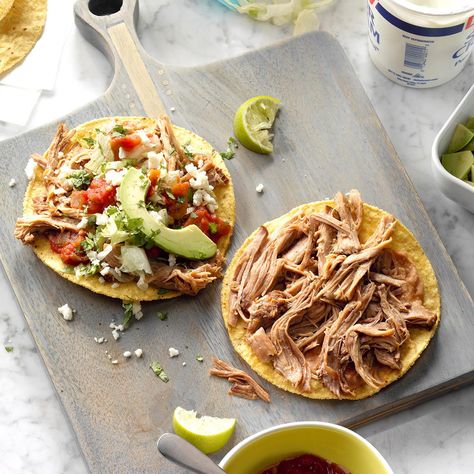 Lime-Chipotle Carnitas Tostadas Chipotle Carnitas, Slow Cooked Pulled Pork, Boneless Pork Shoulder, Shredded Pork, Low Sodium Recipes, Latin Food, Feeding A Crowd, Refried Beans, Taste Of Home