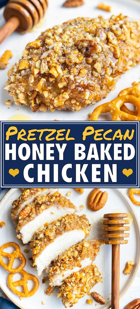 This Easy Baked Honey Chicken recipe has the best pretzel and pecan crust and makes an impressive main dish for a dinner party or special holiday gathering.  Learn how to get a crunchy pecan coating and a juicy, perfectly cooked chicken breast that is secretly gluten-free and an easy meal prep chicken recipe!  #bakedchicken #chickenbreast #chicken #honeychicken #pecans #glutenfree #dinner #mealprep Easy Meal Prep Chicken, Baked Honey Chicken, Healthy Dinner Party Recipes, Meal Prep Chicken, Honey Baked Chicken, Honey Chicken Recipe, Pecan Crust, Pecan Chicken, Baking With Honey