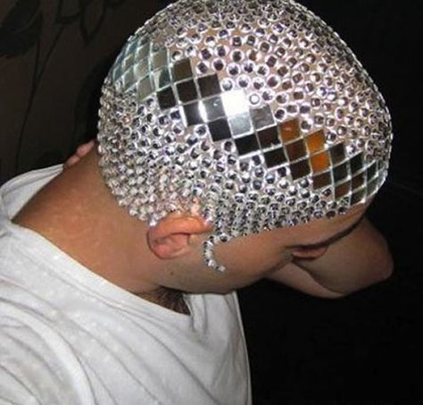 Bling Head -  So much easier and less hassle than dealing with hair Bald Head, Bald Heads, Shine Bright Like A Diamond, Bad Hair, Disco Ball, Headdress, Funny Photos, Boy Fashion, Hair Hair