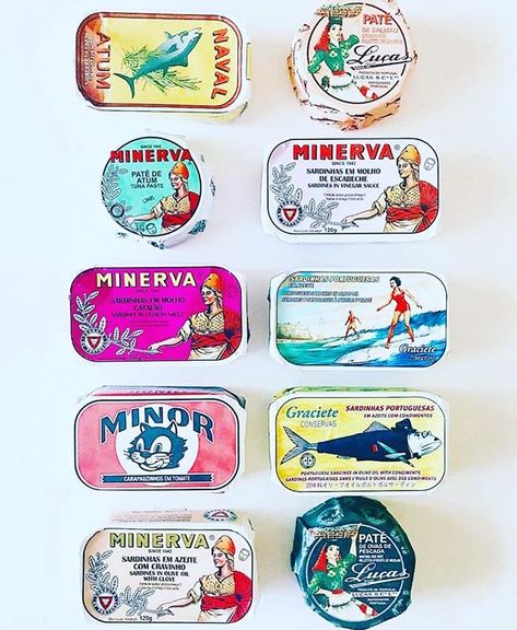 Embrace the sardine! We have arrived in Portugal..... just finished our morning brunch of sardines meats & cheese. I cant resist the beautifully packaged tins of sardines and as long as they are in oil not brine I am happy! S x Portuguese Seafood, Tinned Fish, Retro Packaging, Spain Portugal, Vintage Packaging, Packing Design, Vintage Graphic Design, Pretty Packaging, Vintage Tins