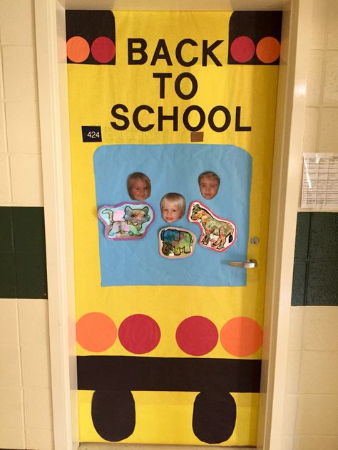 Bus classroom door School Bus Door Decoration, Prek Classroom Door Back To School, Back To School Daycare Door Ideas, Bus Door Decoration, Preschool Classroom Decor Themes Class Door Back To School, Pre K Door Decorations Back To School, Back To School Door Ideas, Daycare Door Ideas, Bumblebee Craft