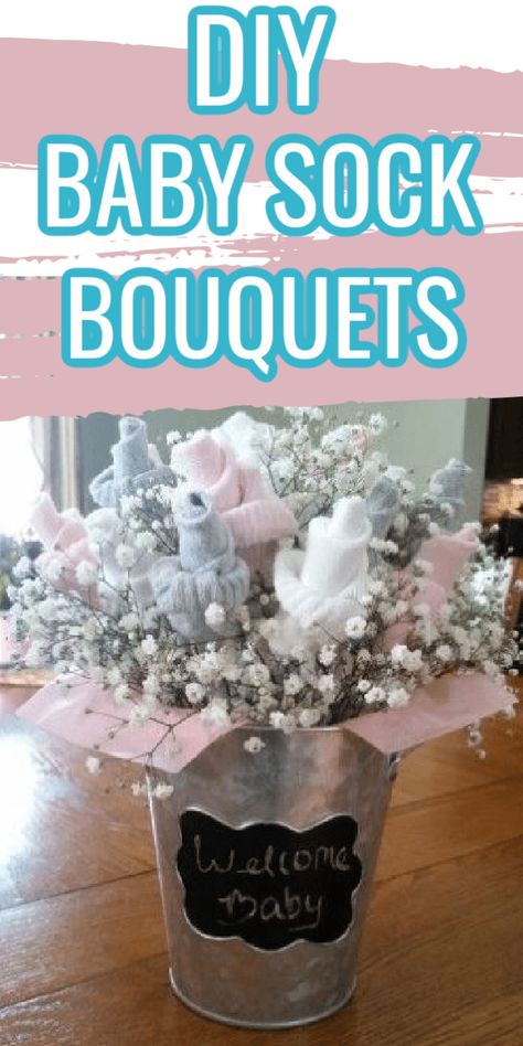 DIY Baby Sock Bouquets easy to make and you will be able to give these as a gift and the mom to be will be able to use the socks for her baby How To Make A Sock Bouquet, Baby Shower Sock Bouquet, Onsie Bouquet Diy, Centerpieces For Baby Shower Girl, Cricut Baby Shower Ideas, Folding Washcloths, Diaper Bouquet Diy, Onesie Bouquet, Diaper Decorations