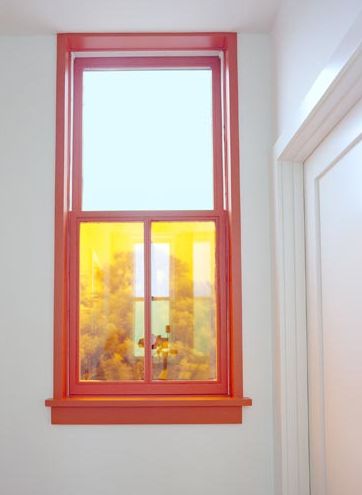 just do it Orange Window Frame, Orange Skirting Boards, Pink Window Trim, Window Frame Color Ideas, Painted Window Frame Interior, Colorful Window Trim, Painting Ideas Window, Painted Window Trim Interiors, Colorful Trim Interior