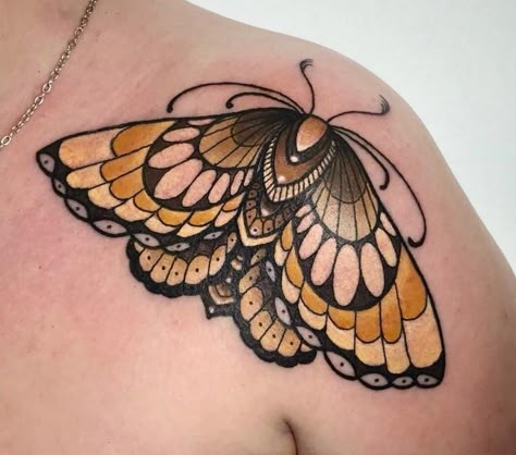 Colour Moth Tattoo, Butterfly Tattoo American Traditional, Yellow Butterfly Tattoo, Tattoo American Traditional, Traditional Moth Tattoo, Butterfly Tattoo Stencil, Moth Tattoo Design, Makeup 2024, Butterfly Hand Tattoo